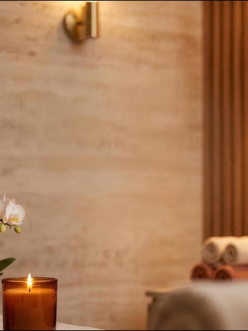 Warm salon-interieur met travertin, houten wand, kaars en zachte handdoeken